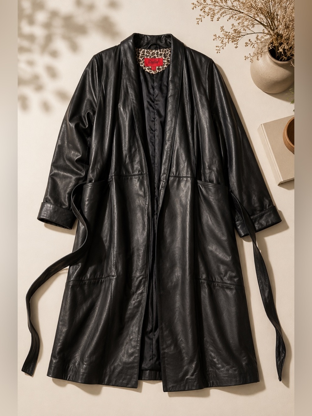 Excelled Black Leather Duster Coat L Long Open Front Belted Soft Lamb Leather - Picture 2 of 14